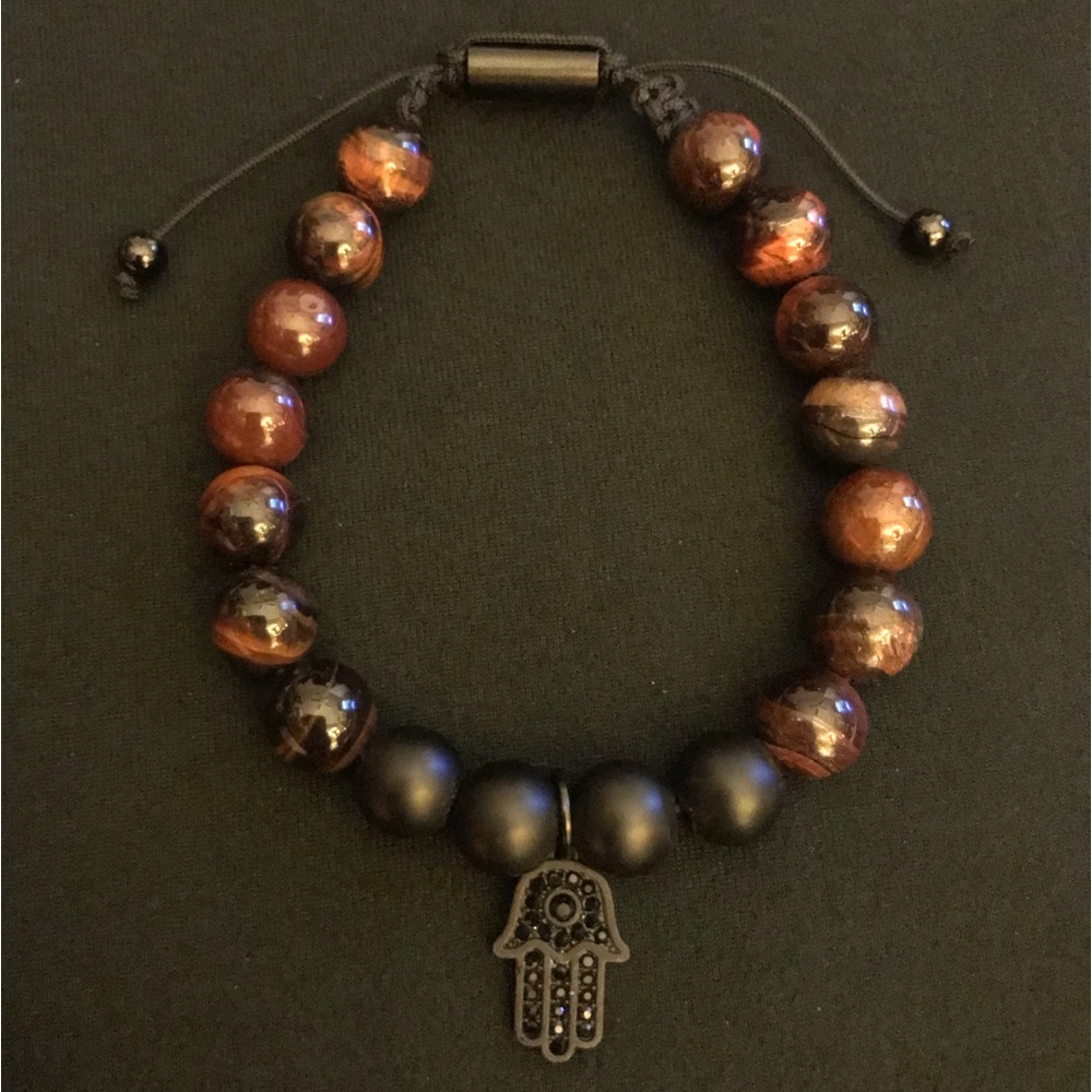 Black and Brown Beaded Bracelet with Hamsa Charm Adjustable